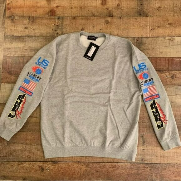 Boohoo man oversized racing graphic sweatshirt gray marl - S - Picture 7 of 10